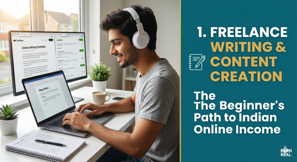 Freelance writing and contentFreelance Writing & Content Creation: One of the Best Online Earning Methods in India creation as a real online earning method in 2026, showing how beginners can earn money by writing blog articles, scripts, and digital content for clients online.