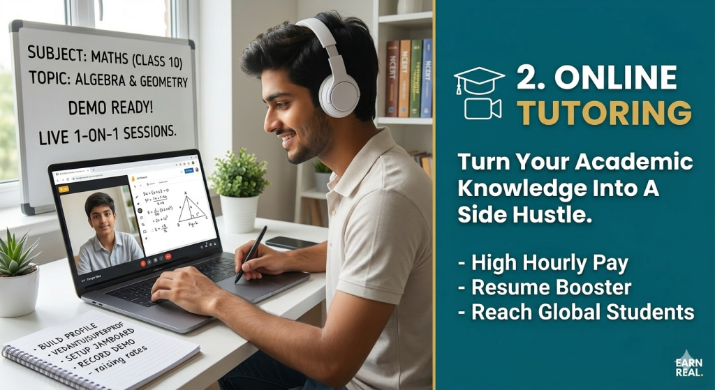 Online tutoring as a real online earning method in 2026 where students or teachers teach subjects like math and science to learners through video calls and online education platforms.