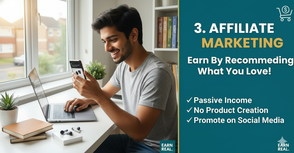 Affiliate marketing online earning method in 2026 where creators promote products from Amazon or Flipkart and earn commission through referral links and product recommendations.