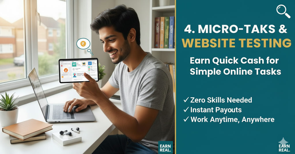 Micro-tasks and website testing online earning method in 2026 where users complete small digital tasks, surveys, or app testing to earn extra pocket money online.