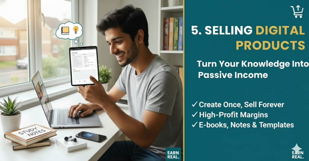 Selling digital products as an online earning method in 2026 including study notes, PDF guides, Canva templates, and Notion templates sold through digital platforms.