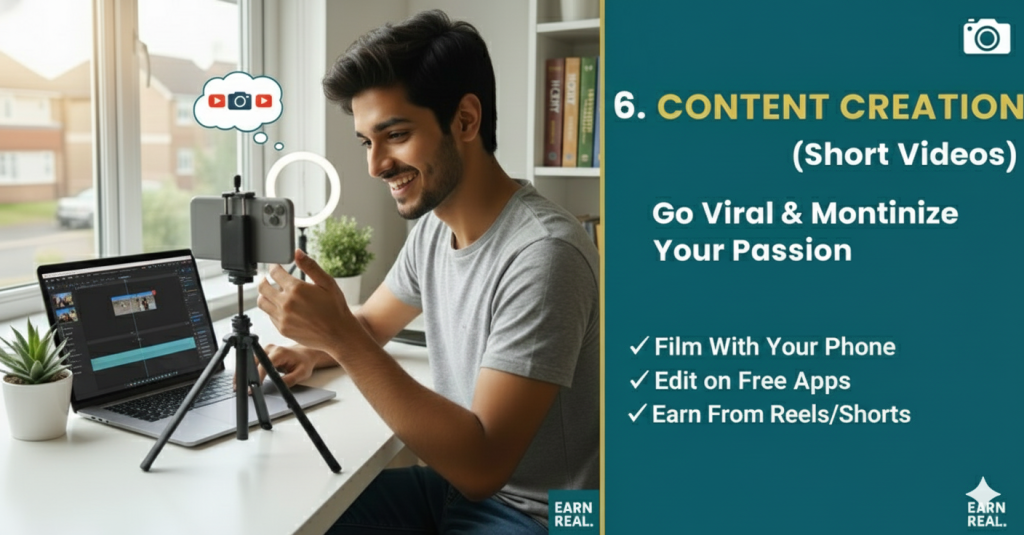 Short video content creation on platforms like YouTube Shorts and Instagram Reels as an online earning method in 2026 through brand deals, affiliate links, and creator monetization.