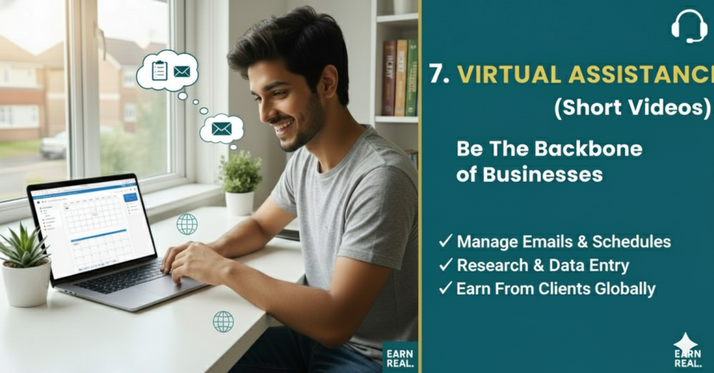 Virtual assistant online earning method in 2026 where freelancers help businesses with email management, scheduling, research, and administrative tasks remotely.